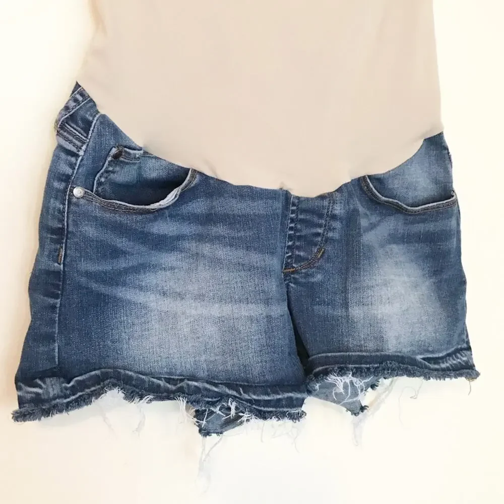 AOS distressed faded stretchy maternity full panel denim jean cutoff shorts S 26